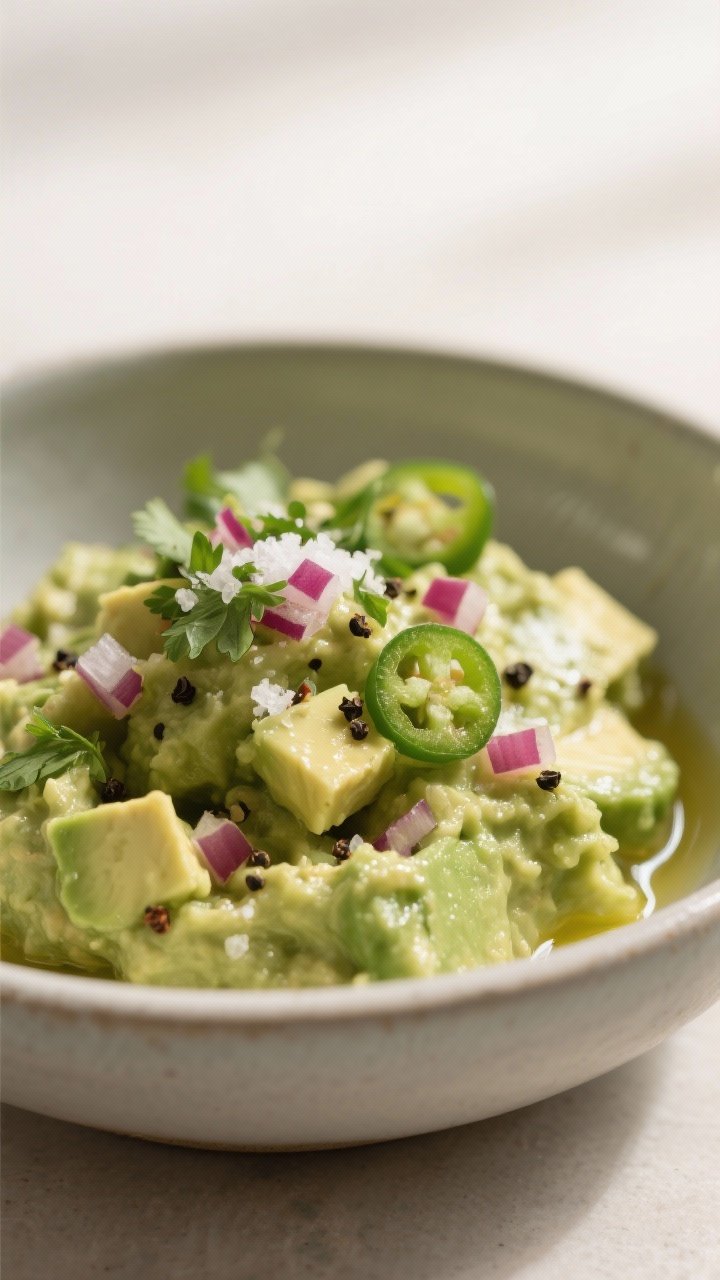 Close-up detail: A creamy, just-mixed guacamole with visible small avocado chunks, micro-diced red o