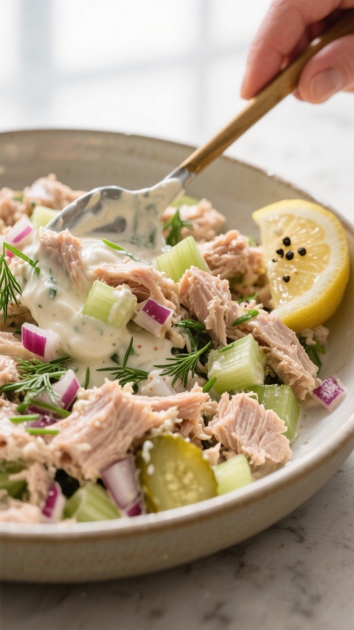Close-up detail: A glossy bowl of finished tuna salad being gently folded with a spatula, showing di