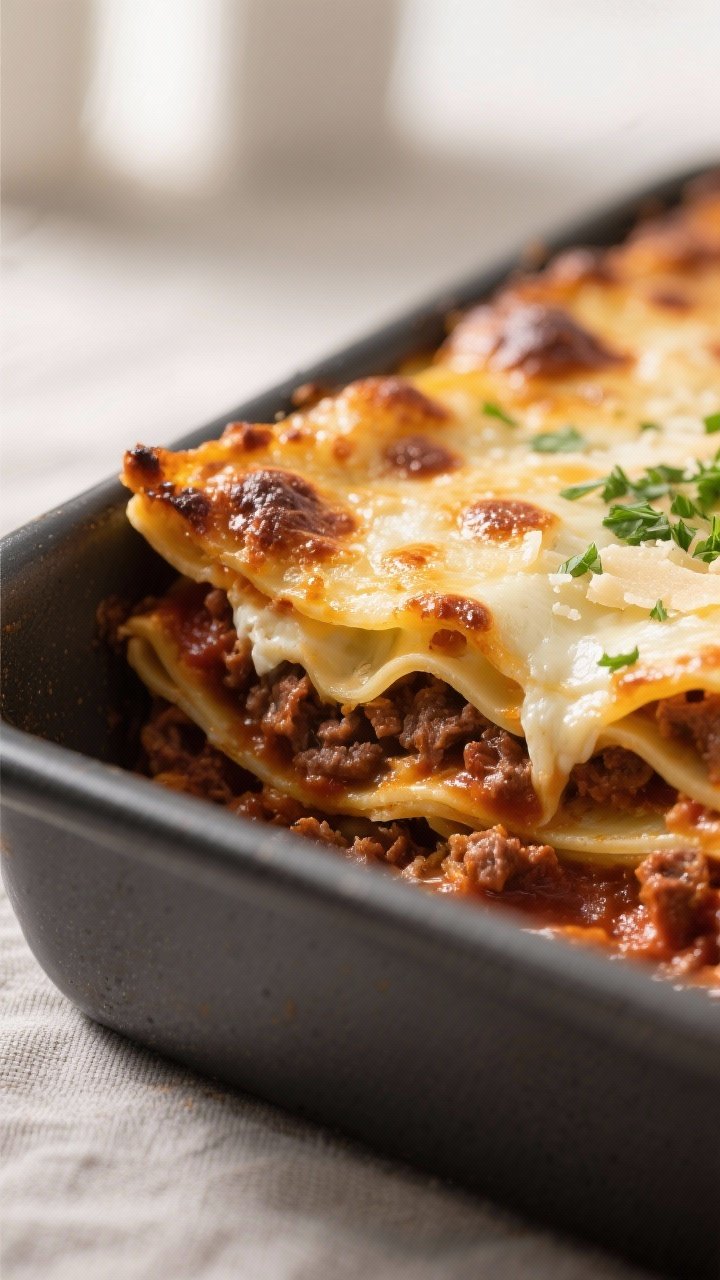 Close-up detail: A just-baked lasagna corner with golden, bubbly low-moisture mozzarella and Parm cr
