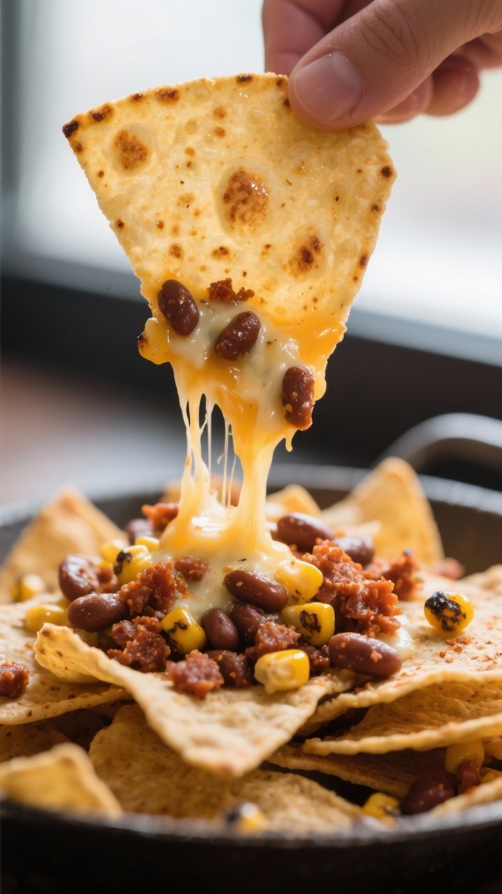 Close-up detail – cheese pull and texture: Tight macro of a single sturdy tortilla chip being lift