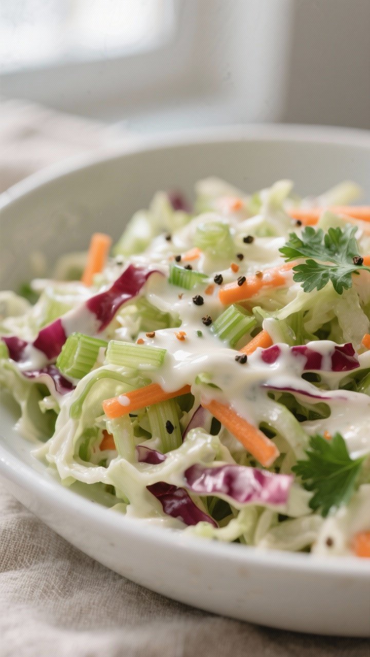 Close-up detail: Creamy coleslaw just after tossing, dressing clinging to thin ribbons of green and 