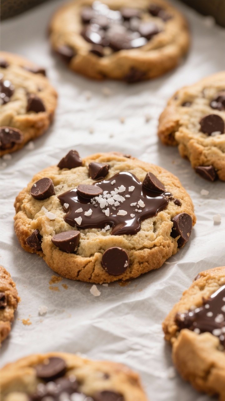 Close-up detail shot: freshly baked chocolate chip cookies just out of the oven on a parchment-lined