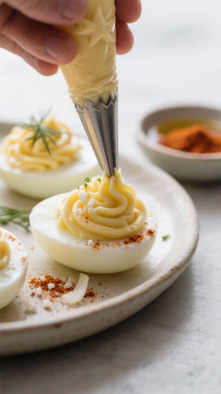 Close-up detail shot: Ultra-smooth deviled egg filling being piped with a star tip into glossy, drie