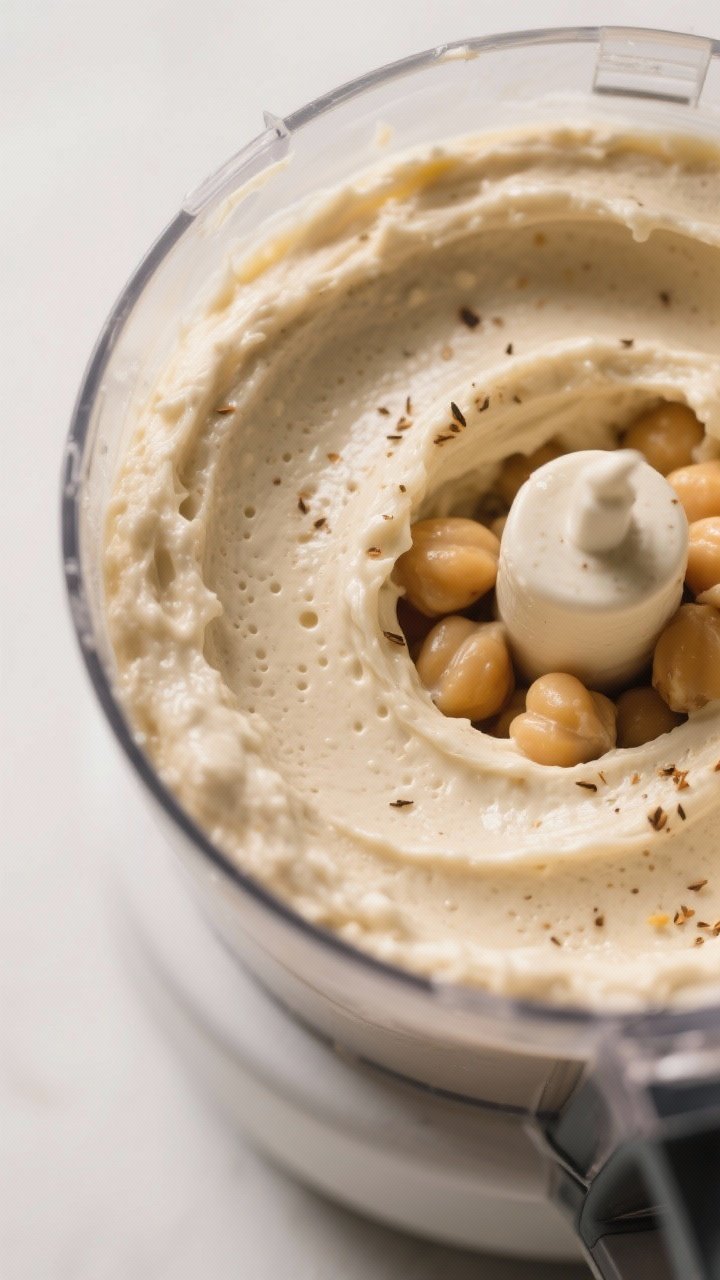 Close-up detail: Silky hummus mid-blend in a food processor, showing the whipped tahini-ice water em