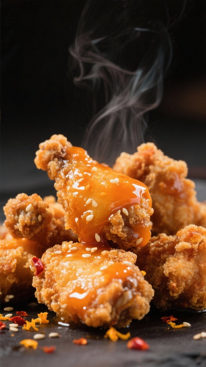 Close-up detail: Ultra-crisp orange chicken pieces just after tossing, coated in a glossy, thick ora