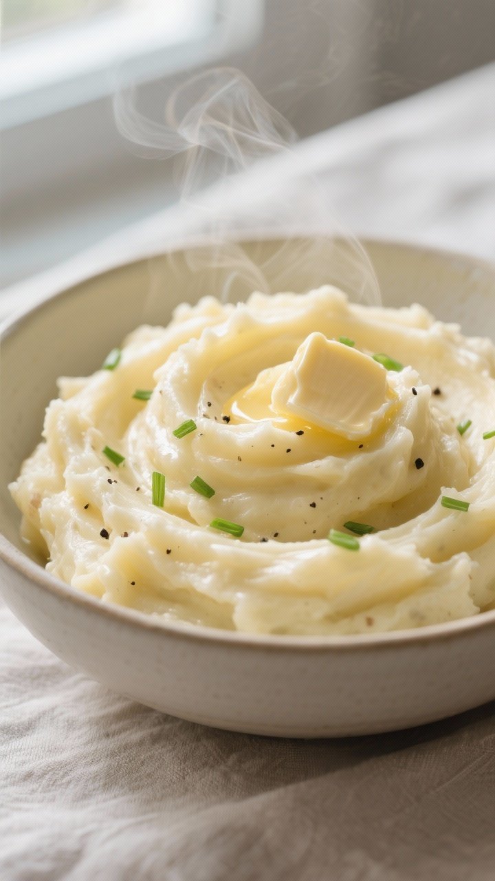Close-up detail: Ultra-smooth mashed Yukon Gold potatoes just after folding in warm cream and melted