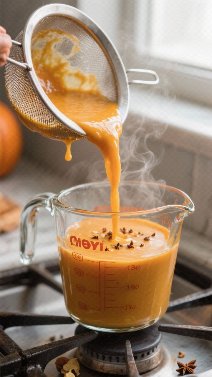 Close-up detail: Warm pumpkin custard being poured through a fine-mesh sieve into a glass measuring 