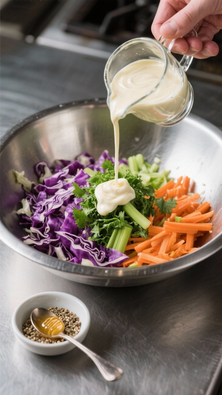 Cooking process: De-watered cabbage being gently squeezed and then combined with carrots, scallions,