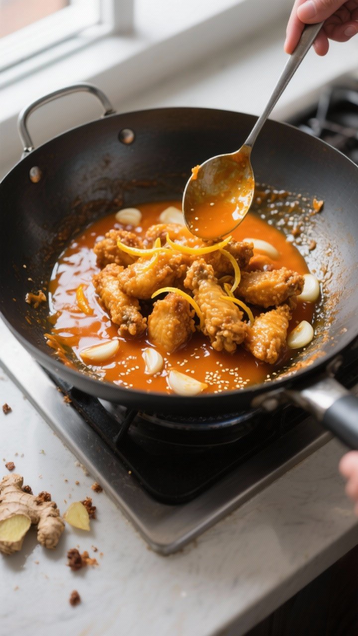 Cooking process: Orange sauce coming together in a wok—garlic and ginger simmering in the glossy, 