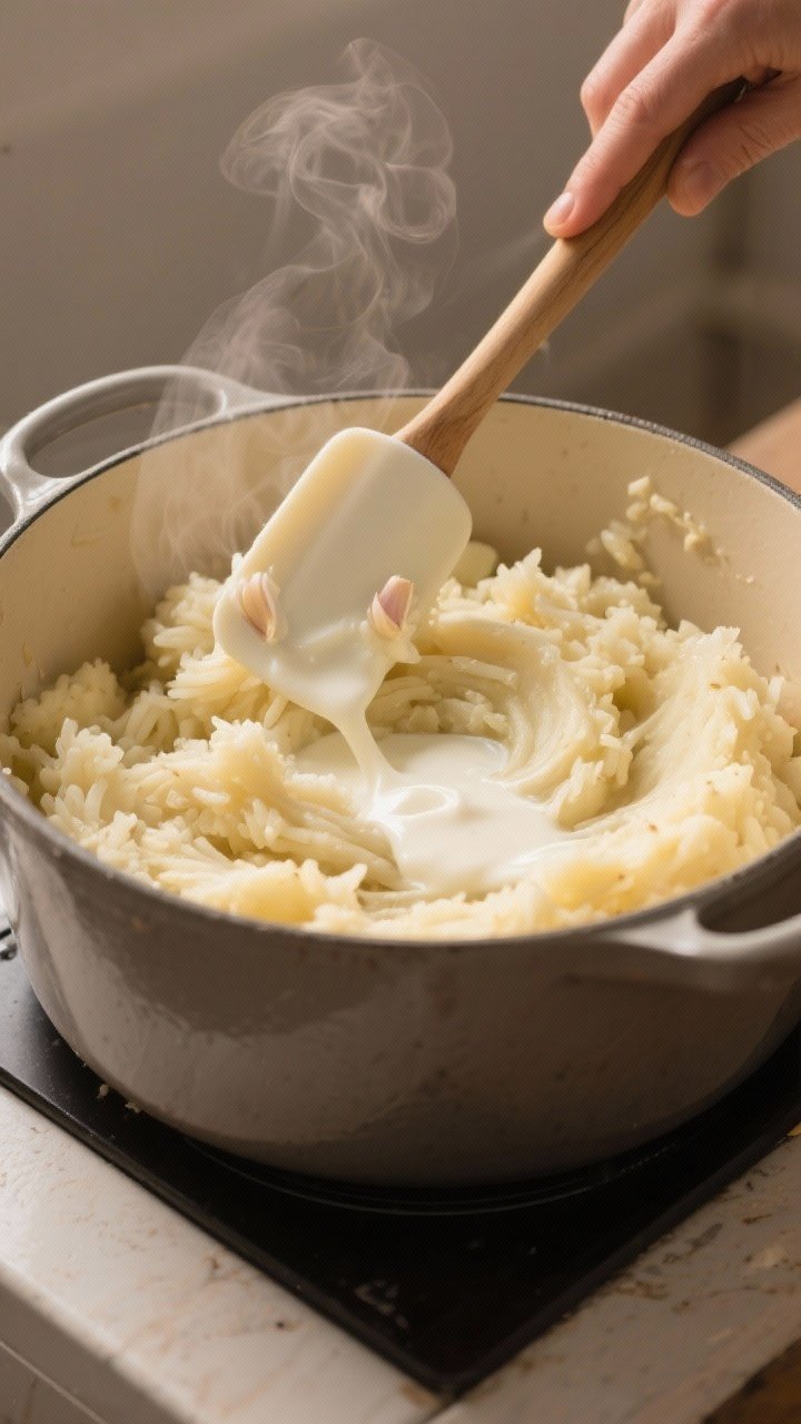 Cooking process: Overhead shot of freshly riced potatoes being gently folded with a silicone spatula