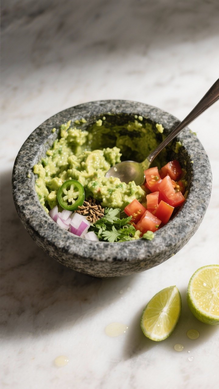 Cooking process: Overhead shot of guacamole being seasoned smartly—avocado base already smashed to