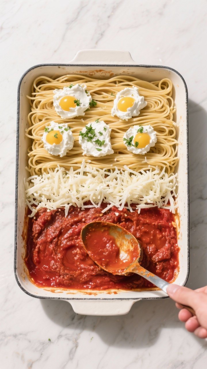 Cooking process: Overhead shot of the “layer like a pro” step in a 9x13 dish—neatly arranged a