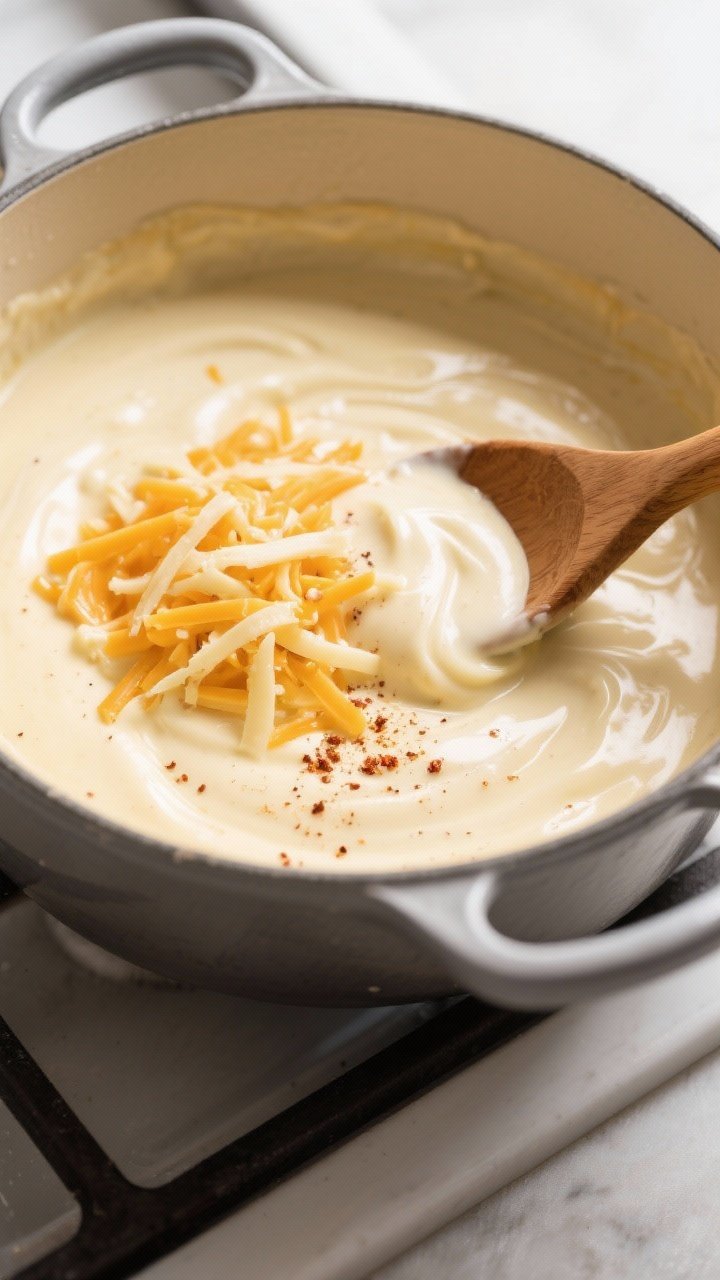 Cooking process: Overhead shot of the velvety cheese sauce stage in a Dutch oven—silky béchamel e