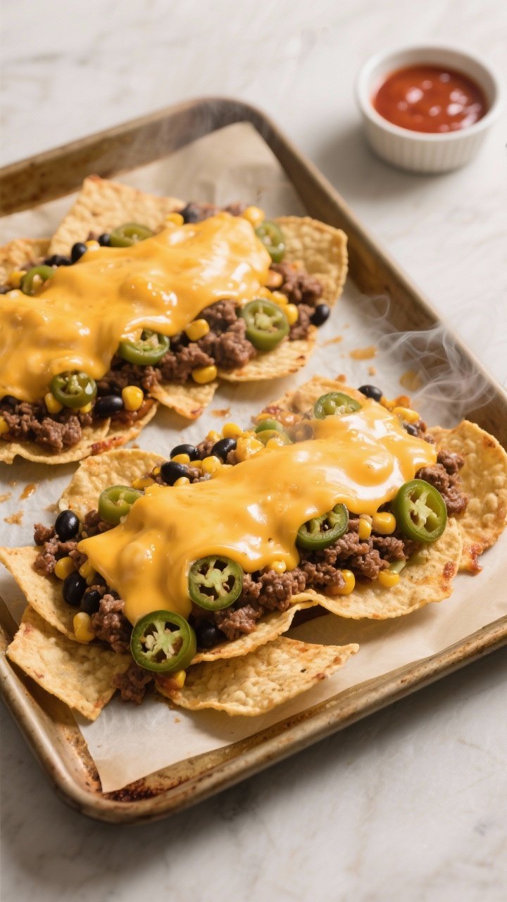 Cooking process – sheet-pan layering and broil: Overhead shot of a parchment-lined sheet pan of na