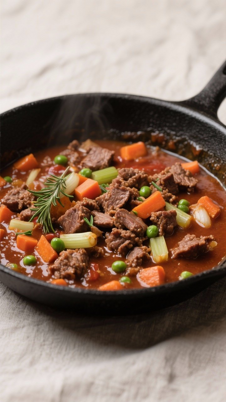 Cooking process: The lamb-and-vegetable filling reducing in a wide skillet, captured mid-simmer afte