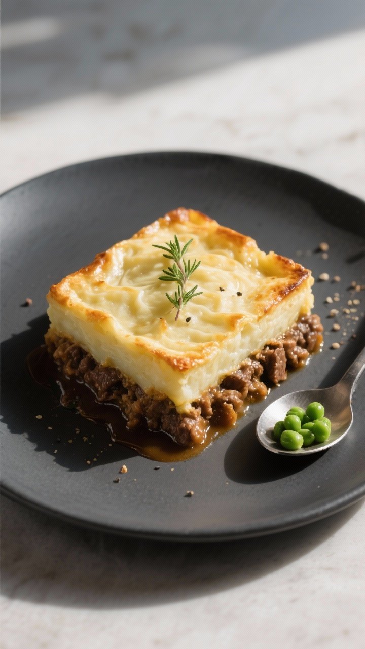 Final dish plated: A neat square of shepherd’s pie served on a matte charcoal plate, clean slice s