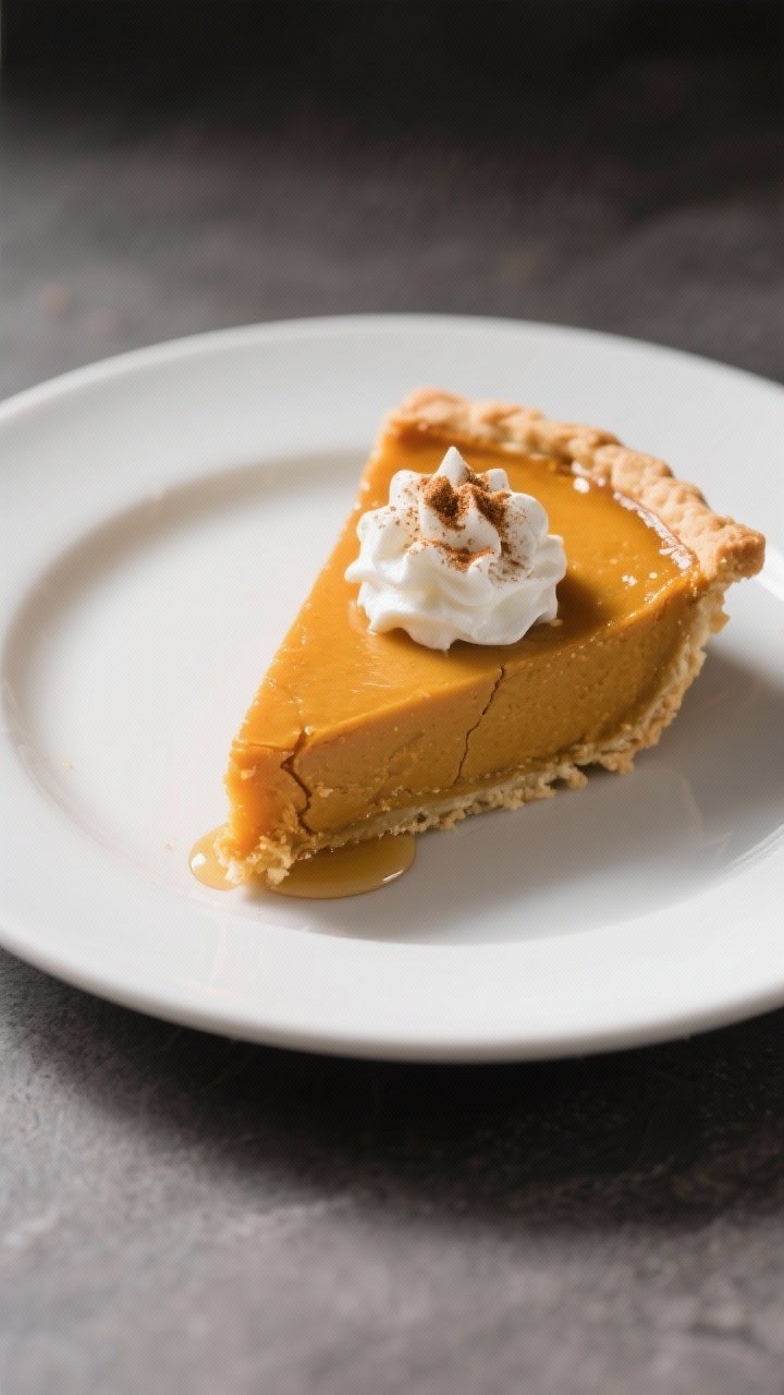 Final dish presentation: A perfect slice of pumpkin pie plated on a matte white dessert plate, the c