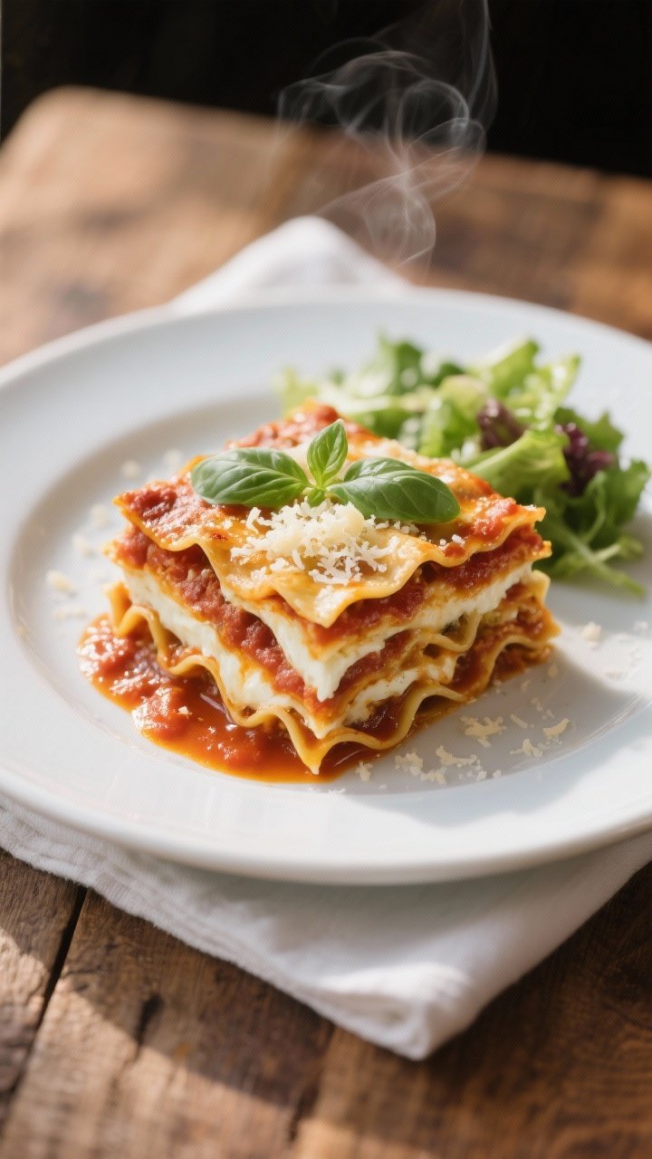 Final dish presentation: A perfectly rested slice of lasagna plated on a wide white rimmed plate, st