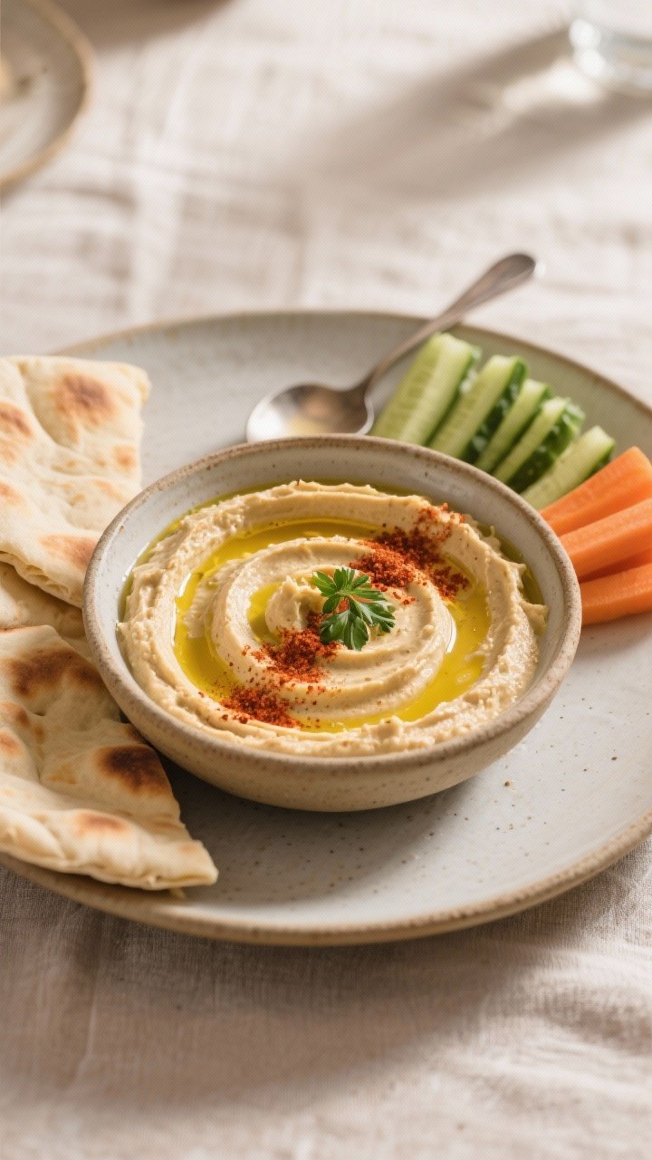 Final dish presentation: Beautifully plated classic hummus in a wide, shallow ceramic bowl with dram