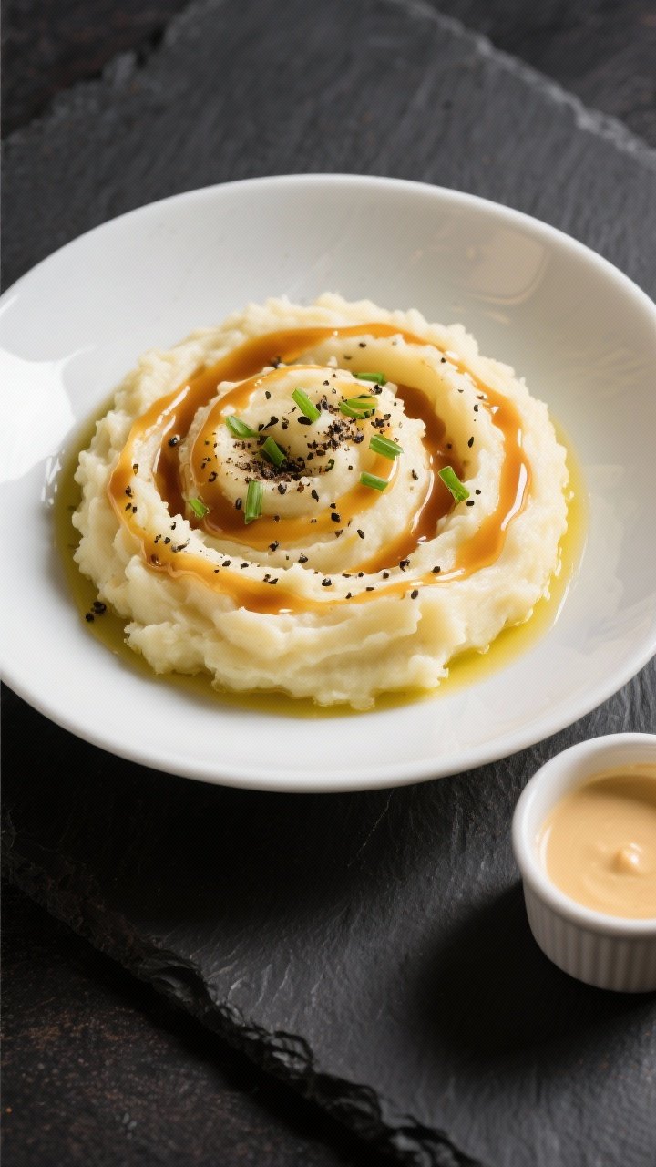 Final dish presentation: Restaurant-quality plate of mashed potatoes finished with brown butter blis