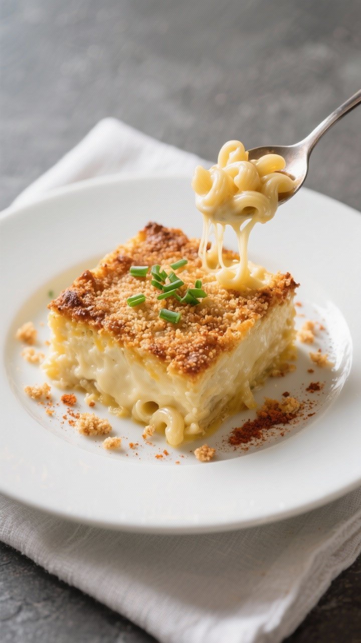 Final dish presentation: Restaurant-quality plated square of baked mac and cheese with a defined cre