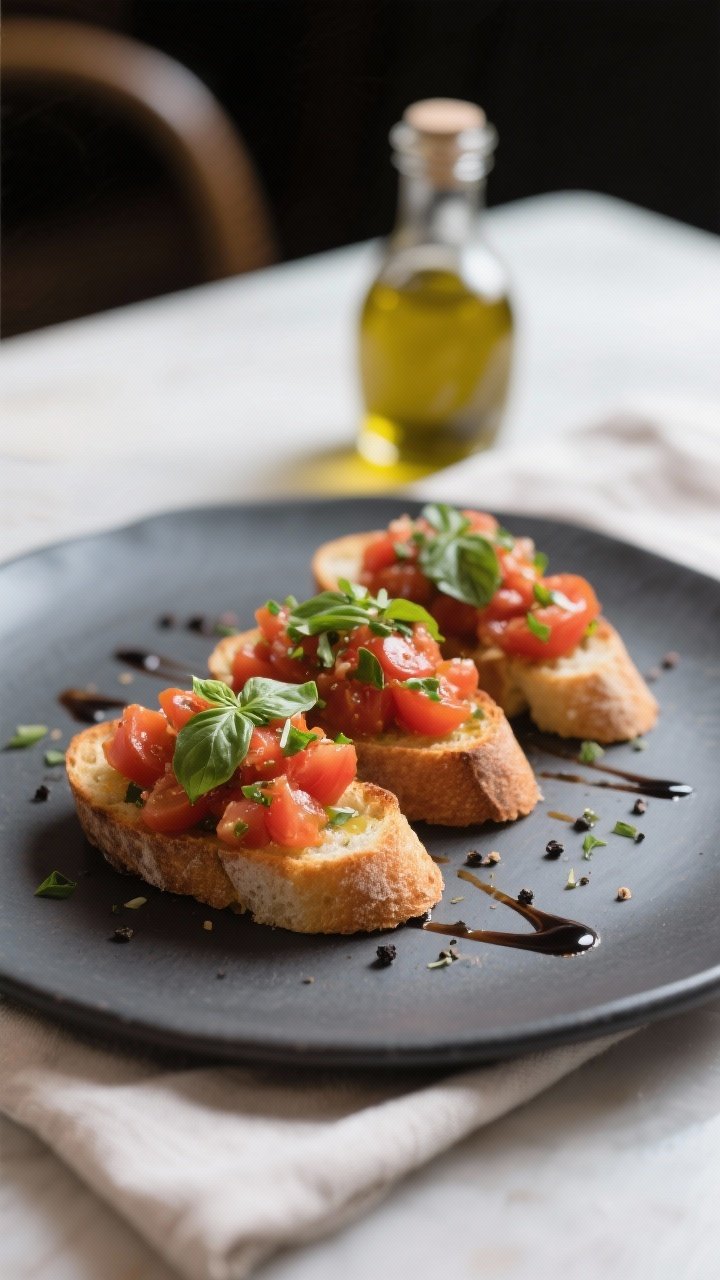 Final dish presentation: Restaurant-quality plated tomato basil bruschetta—three to four assembled