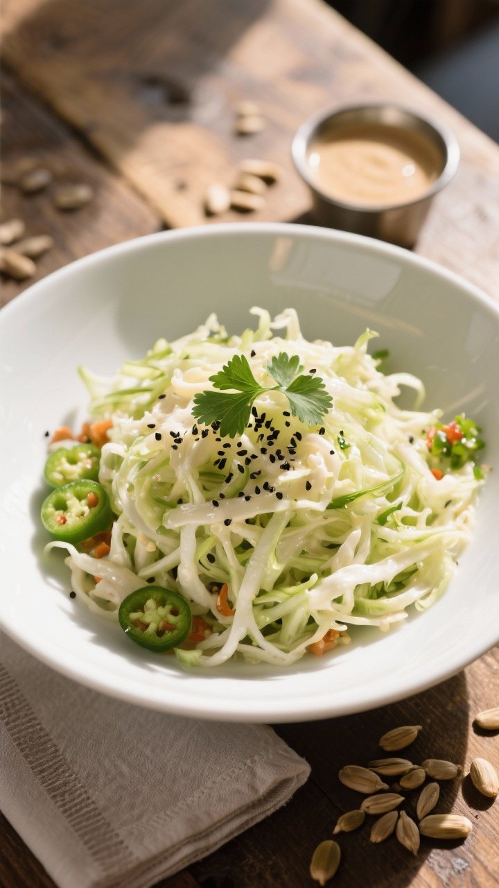 Final dish presentation: Restaurant-quality plated coleslaw in a low, wide white bowl, topped with a