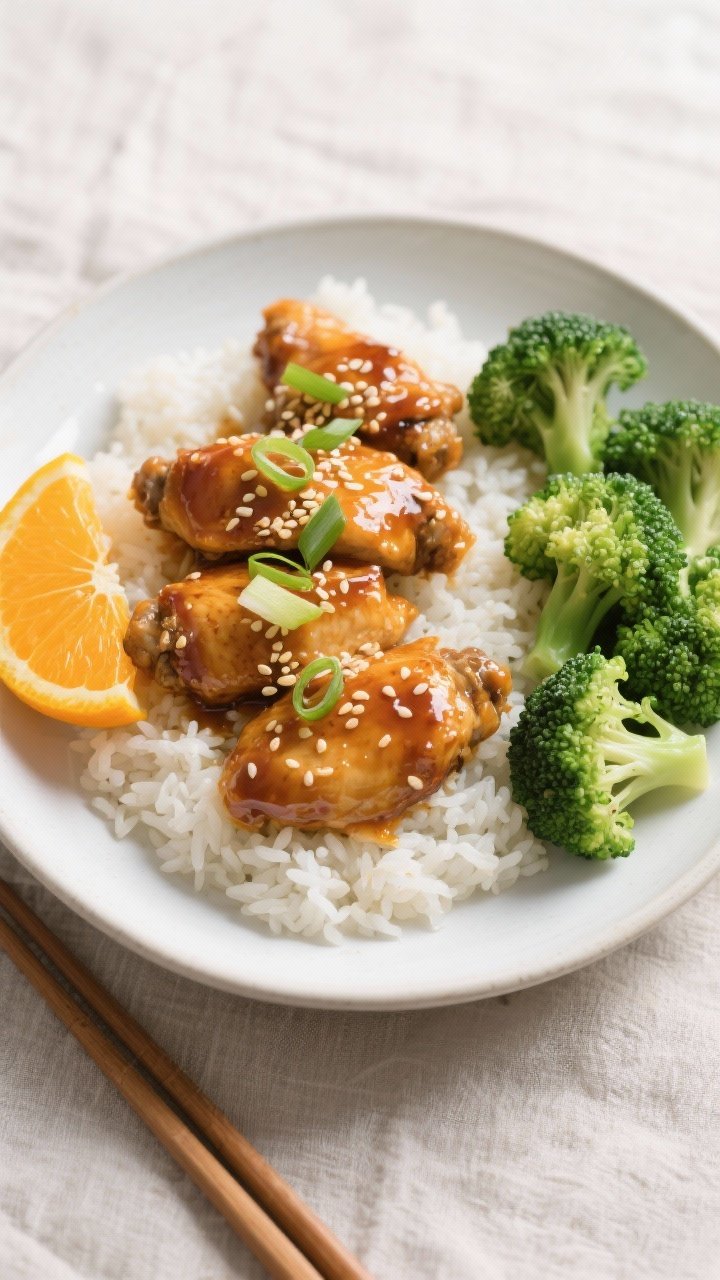 Final dish, top-down: Overhead shot of the finished orange chicken plated over fluffy steamed jasmin