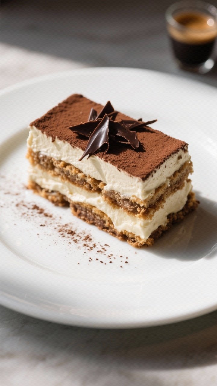 Final plated presentation: a clean, precise slice of tiramisu on a white rimmed plate, sharp layers 
