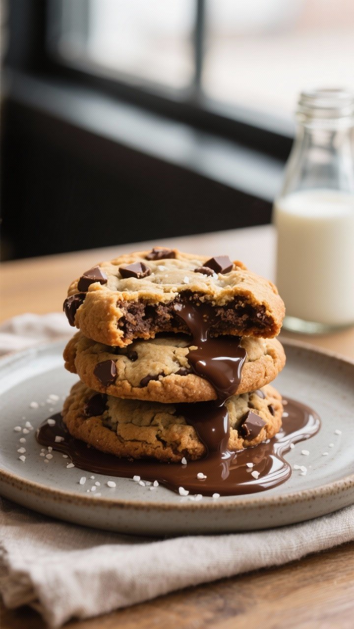 Final plated presentation: stack of three extra-thick bakery-style chocolate chip cookies on a matte