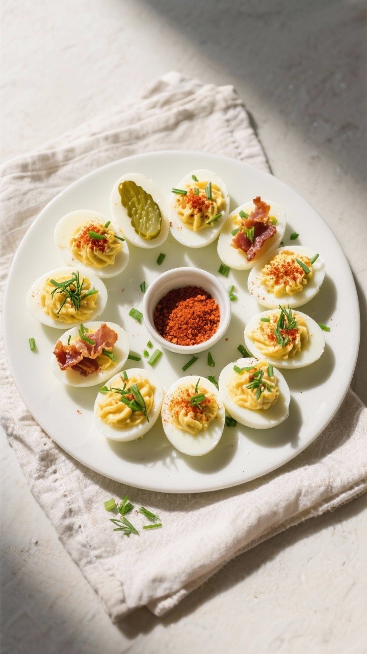 Overhead final presentation: Top-down platter of fully assembled deviled eggs arranged in tight conc