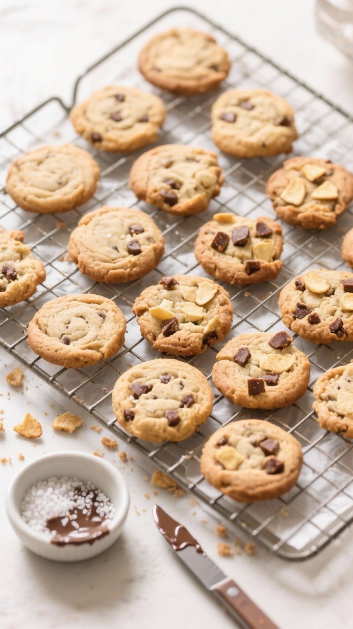 Overhead tasty top view: a cooling rack loaded with assorted cookie sizes (standard 2-tablespoon and