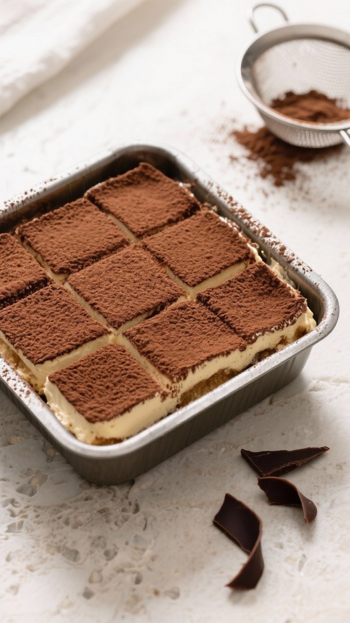 Overhead “tasty top view” of the fully set tiramisu just dusted with an even, velvety blanket of