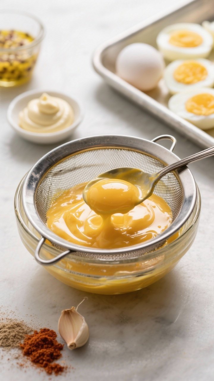 Process-progress glamour: The just-finished yolk mixture pressed through a fine-mesh sieve into a gl