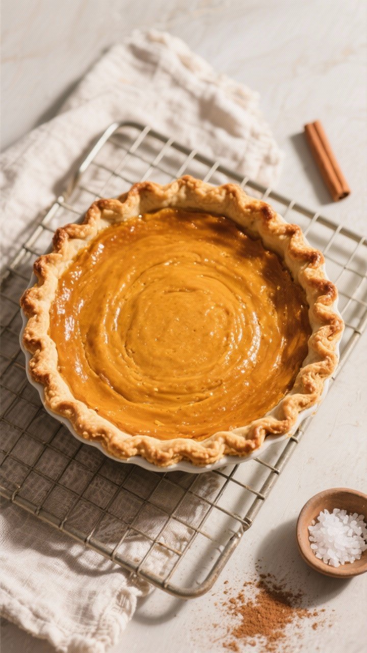 Tasty top view: Overhead shot of a freshly baked pumpkin pie in a blind-baked, deeply golden, crimpe